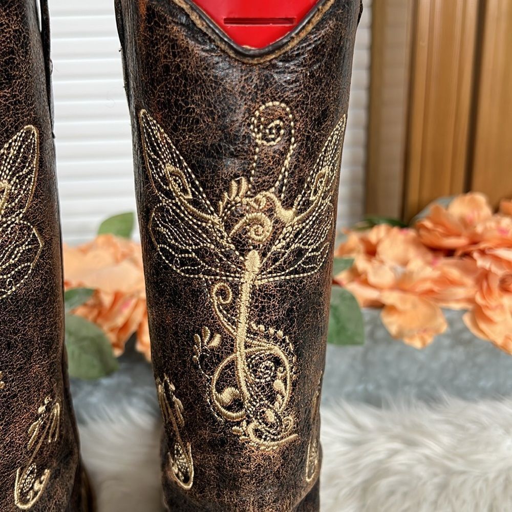 CIRCLE G WOMEN'S DISTRESSED BONE DRAGONFLY EMBROIDERED BOOTS - SNIP TOE Size 10 - Picture 7 of 14